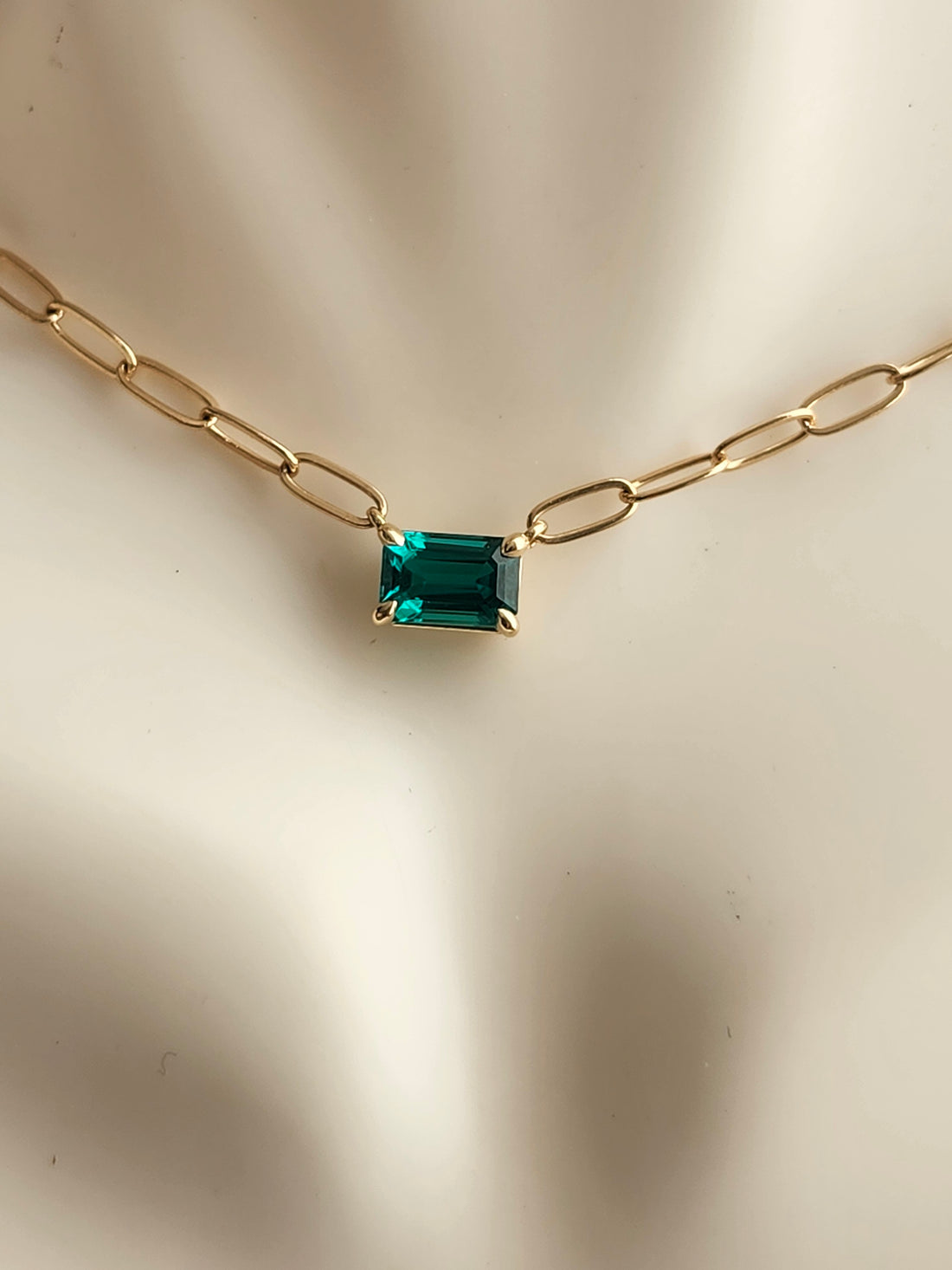 14k Gold Emerald Necklace Set East West with Paper Clip Chain