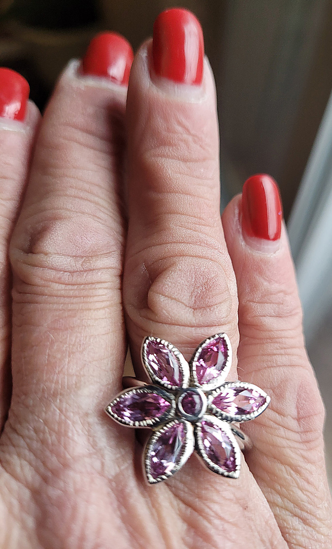 White Gold Pink Tourmaline Birth Flower Ring, Floral Statement Ring