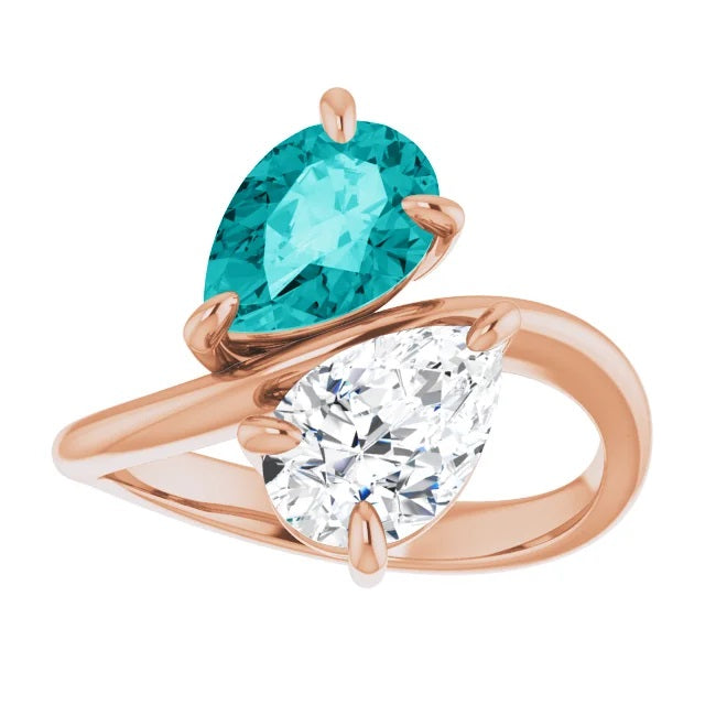 Two Stone Pear Moissanite Engagement Ring, Toi et Moi Ring
