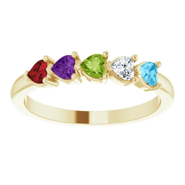 14k Gold Heart Shape Multi-Gemstone Mothers Ring, Family Birthstone Ri