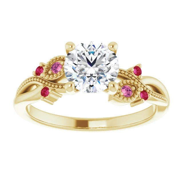 Moissanite Engagement Ring with Ruby & Pink Tourmaline