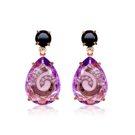 Amethyst, black quartz & white topaz dangle earrings in Vermeil