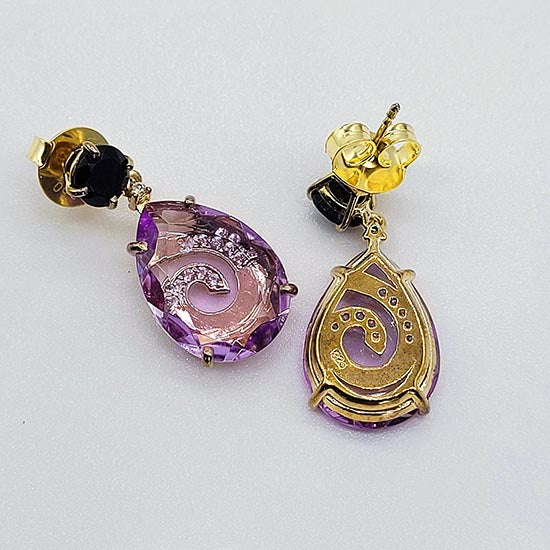Amethyst, black quartz & white topaz dangle earrings in Vermeil