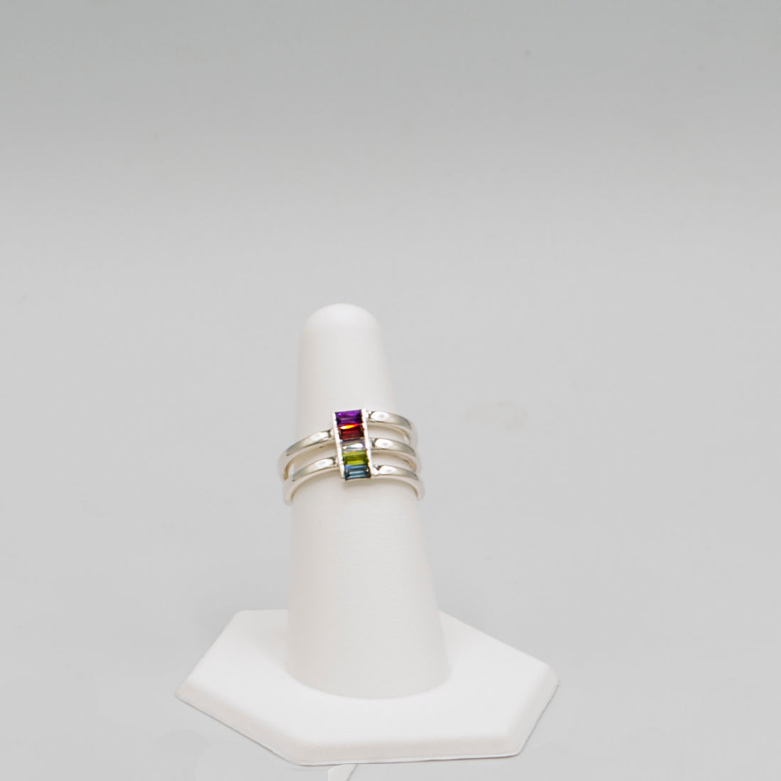 Silver Multi-Gemstone Baguette Ring, Unique Mothers Ring 5 Stone, Family Birthstone Ring