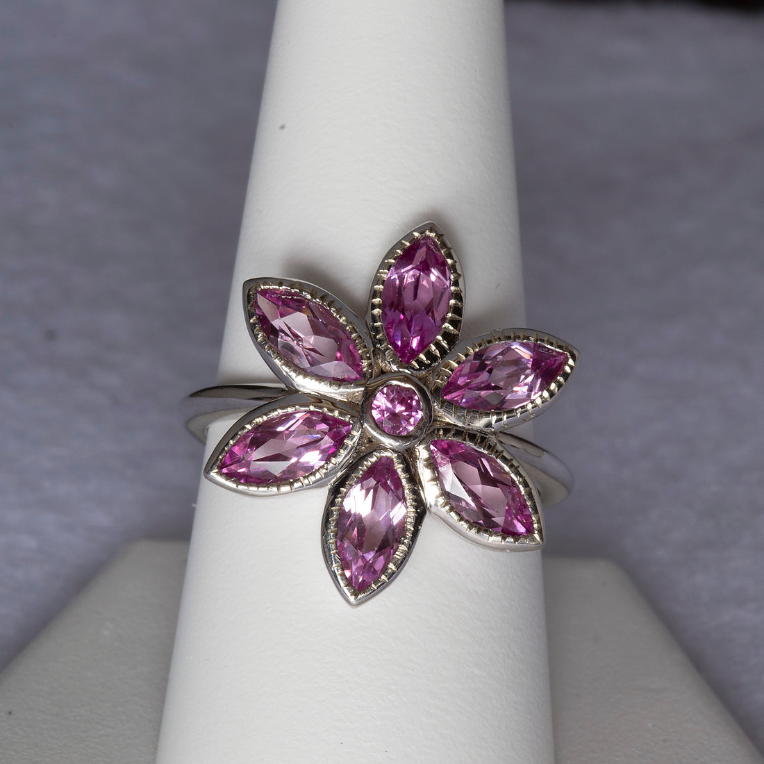White Gold Pink Tourmaline Birth Flower Ring, Floral Statement Ring