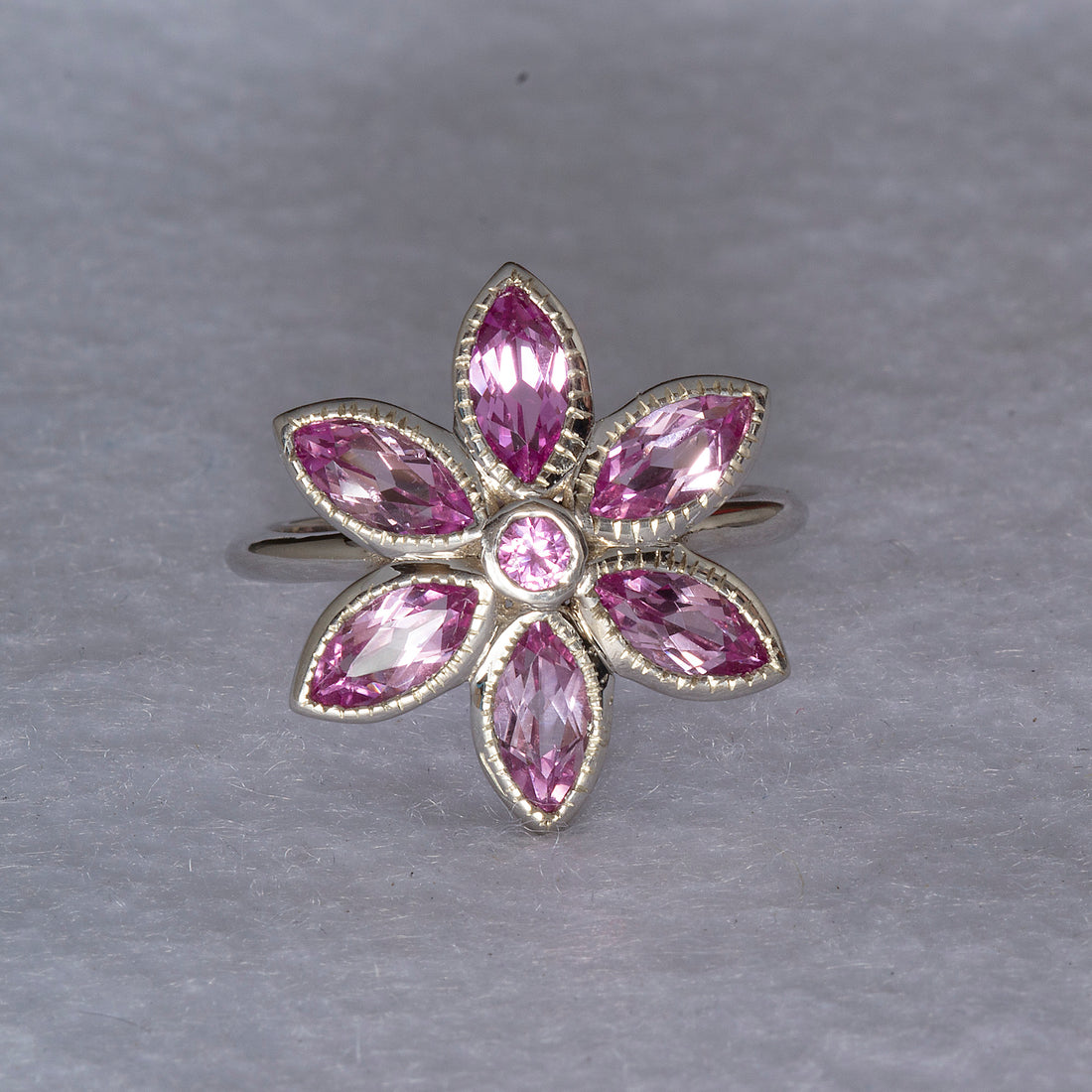 White Gold Pink Tourmaline Birth Flower Ring, Floral Statement Ring