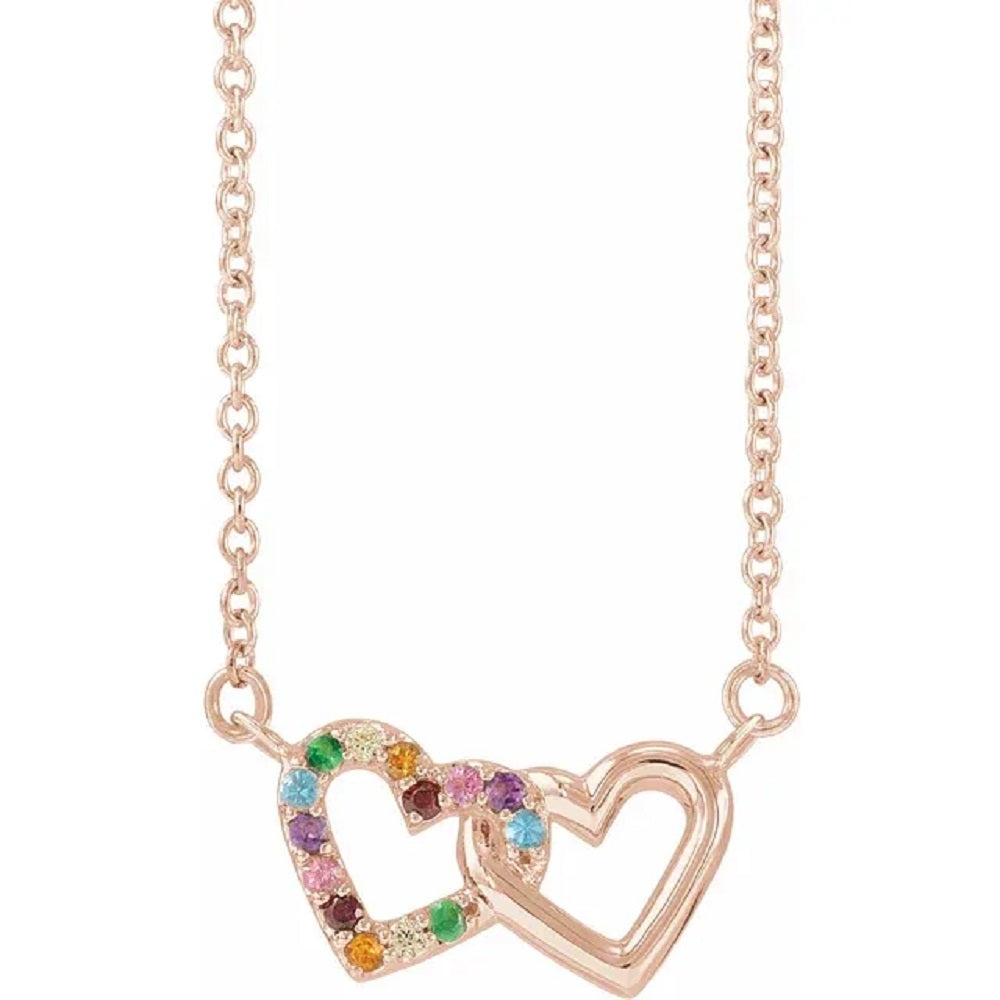 14k Natural Multi-Gemstone Rainbow Double Heart Necklace