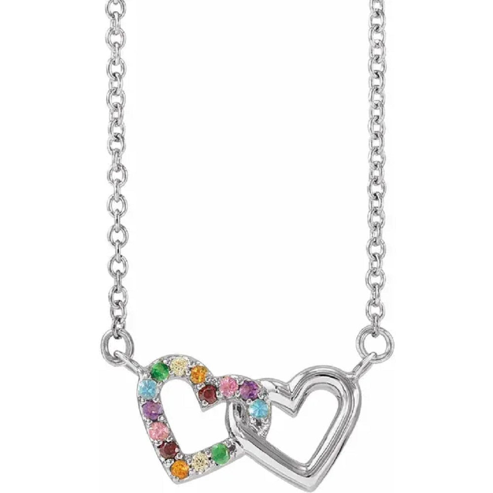 14k Natural Multi-Gemstone Rainbow Double Heart Necklace