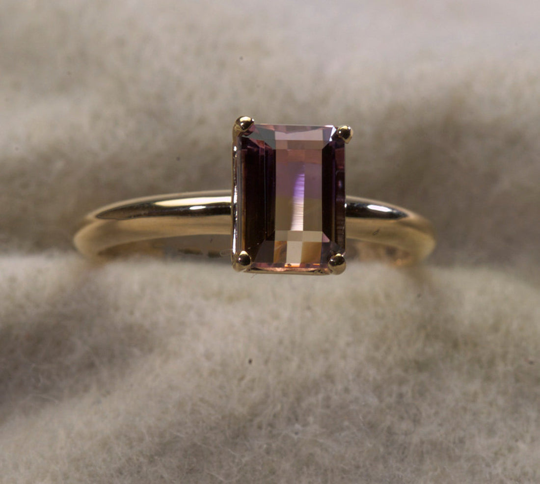 Emerald Cut Ametrine Ring in 14k Gold, Gemstone Engagement Ring