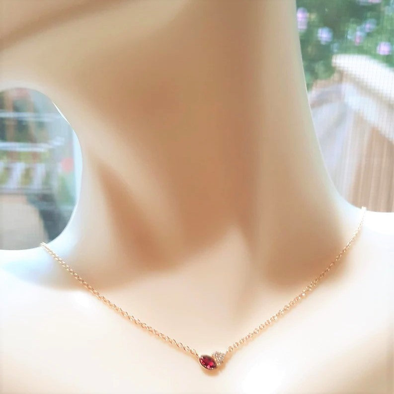 Ruby & Diamond Marquise Shaped Minimalist Necklace in 14k Gold