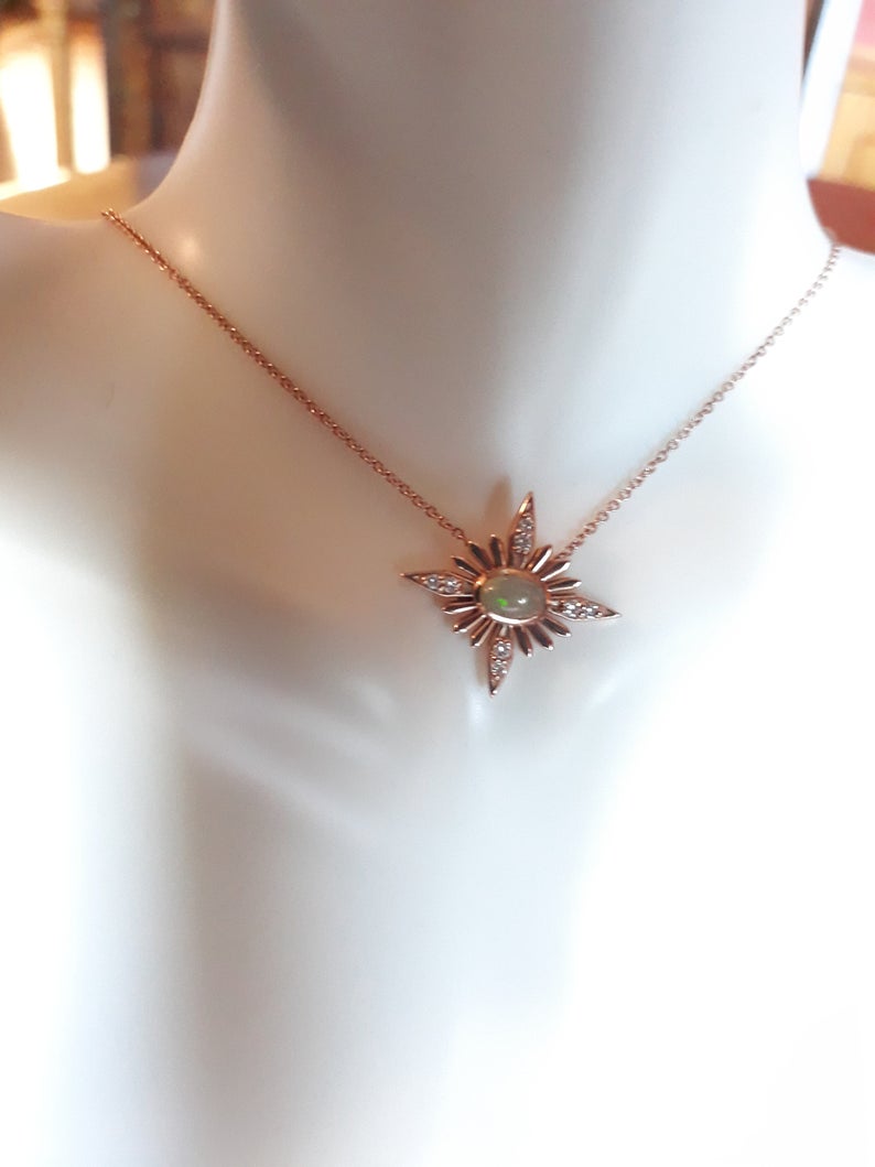 Opal Starburst Celestial Necklace in 14k Gold