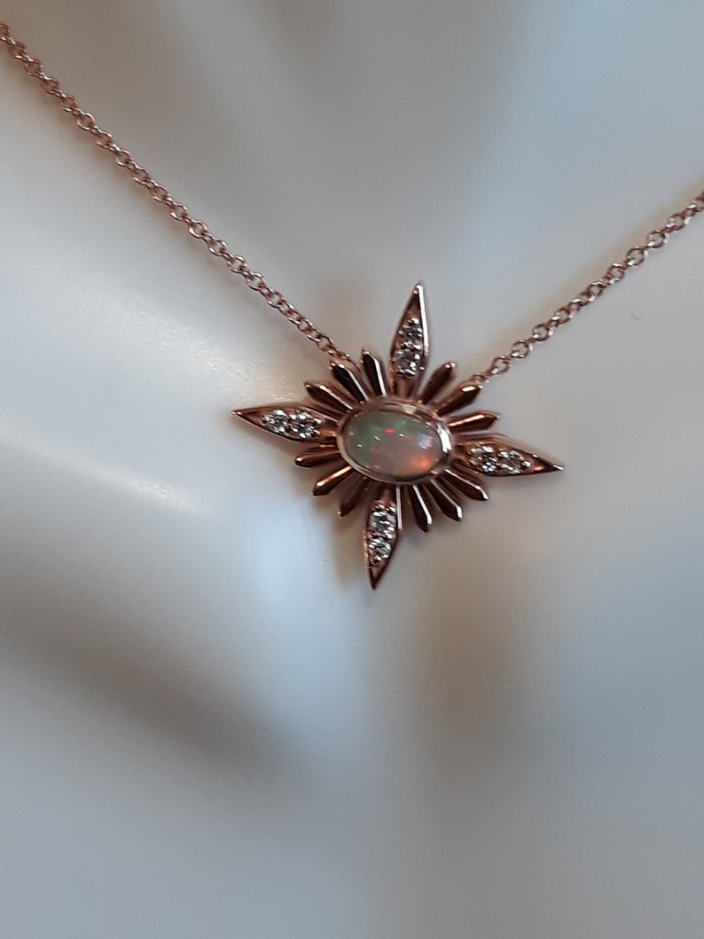 Opal Starburst Celestial Necklace in 14k Gold