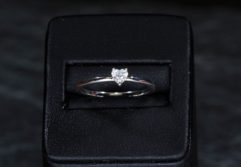 White Sapphire Engagement Ring, Heart Ring, Silver Promise Ring