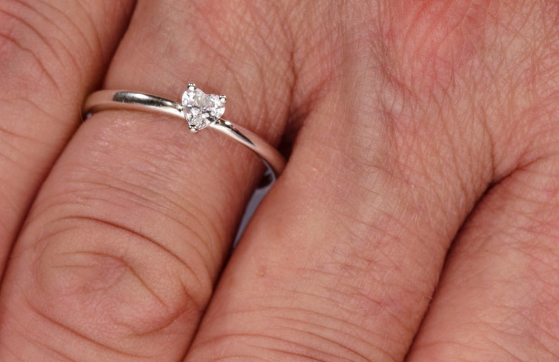 White Sapphire Engagement Ring, Heart Ring, Silver Promise Ring