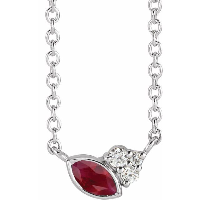 Ruby & Diamond Marquise Shaped Minimalist Necklace in 14k Gold