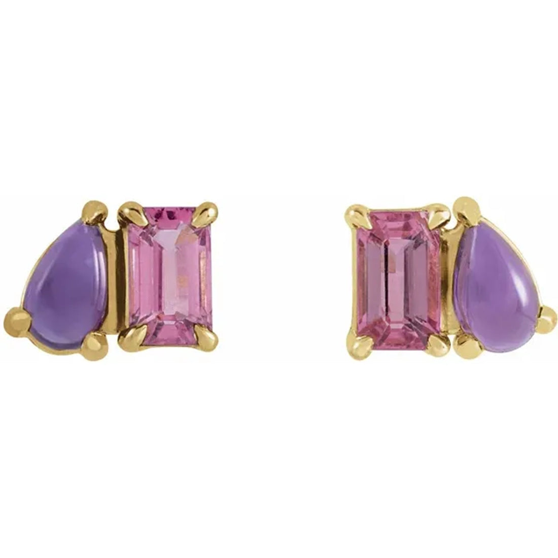 Natural Pink Tourmaline & Amethyst 2 Stone Stud Earrings