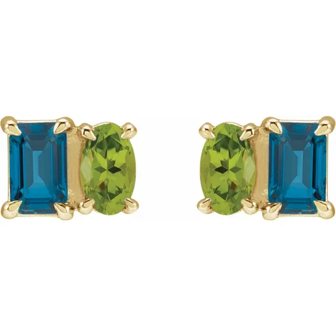 Natural London Blue Topaz & Natural Peridot 2 Stone Stud Earrings, Birthstone Earrings, Gemstone Earrings