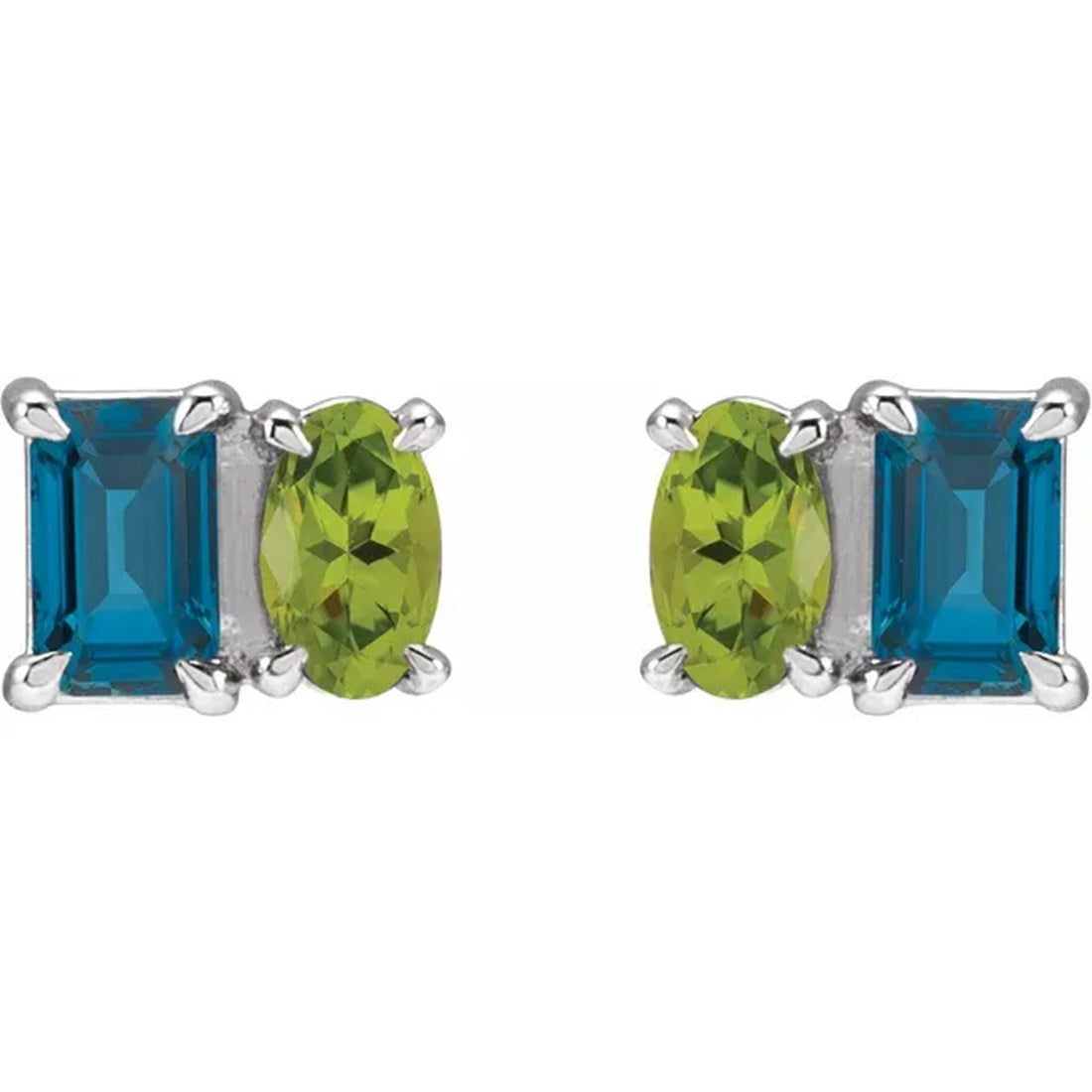 Natural London Blue Topaz & Natural Peridot 2 Stone Stud Earrings, Birthstone Earrings, Gemstone Earrings