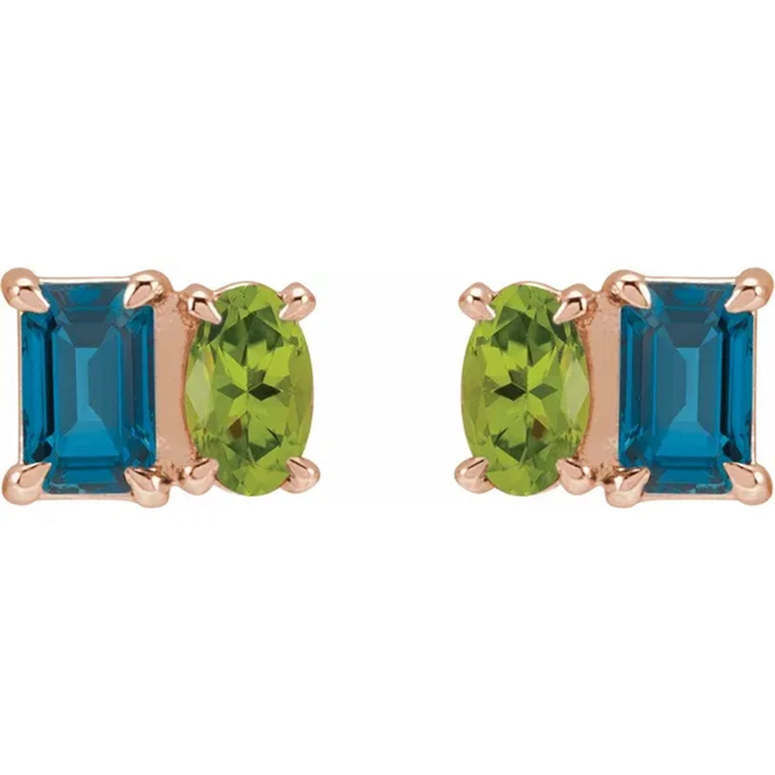 Natural London Blue Topaz & Natural Peridot 2 Stone Stud Earrings, Birthstone Earrings, Gemstone Earrings