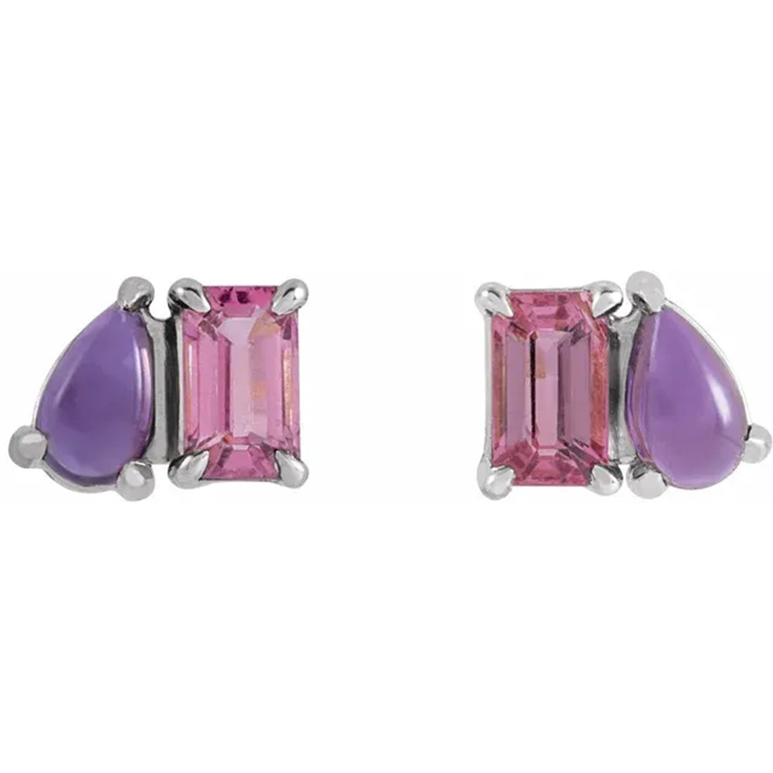 Natural Pink Tourmaline & Amethyst 2 Stone Stud Earrings