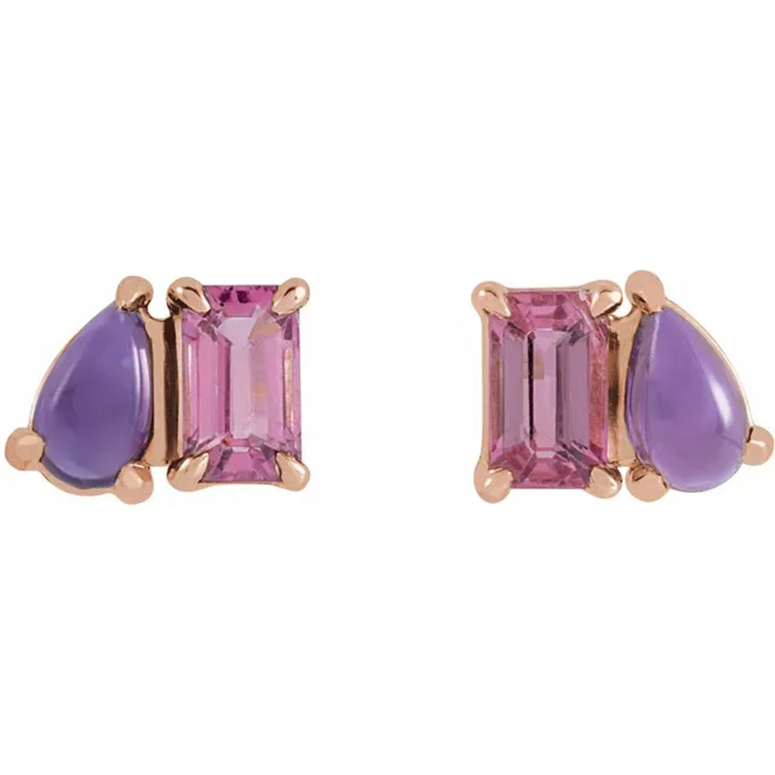 Natural Pink Tourmaline & Amethyst 2 Stone Stud Earrings