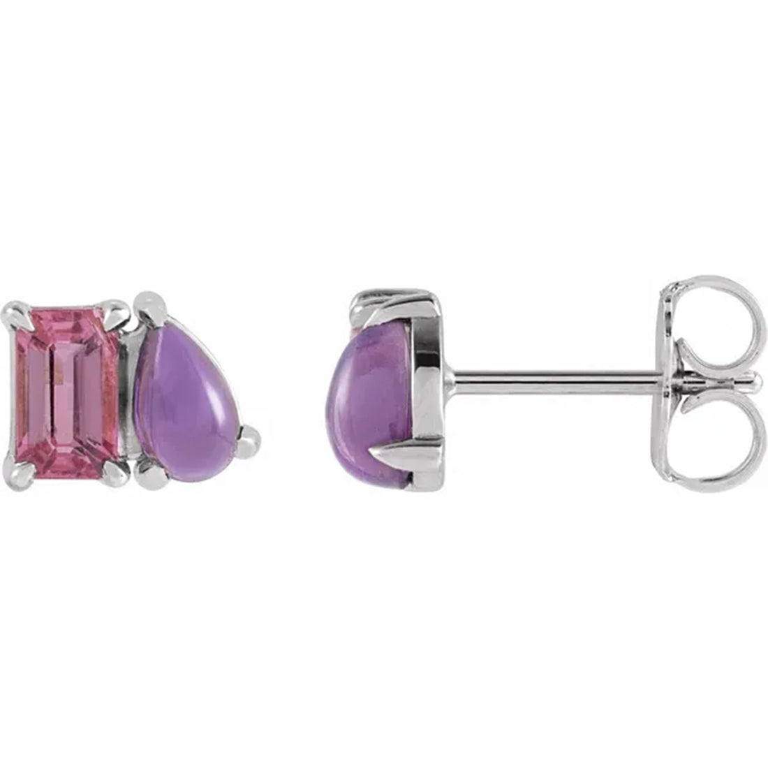 Natural Pink Tourmaline & Amethyst 2 Stone Stud Earrings
