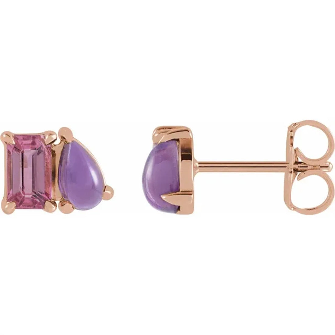 Natural Pink Tourmaline & Amethyst 2 Stone Stud Earrings