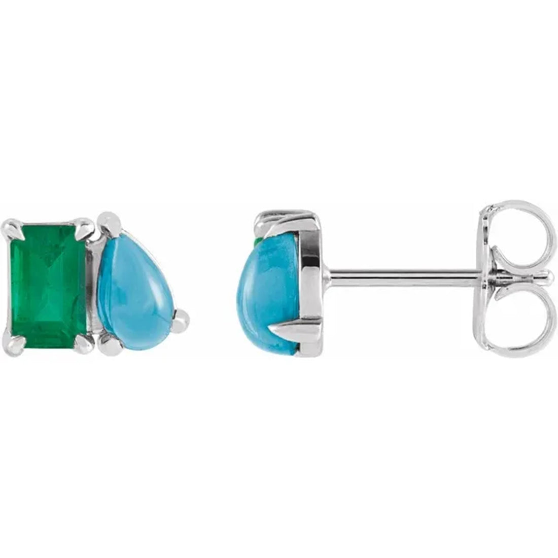 Lab Grown Emerald & Natural Turquoise 2 Stone Stud Earrings