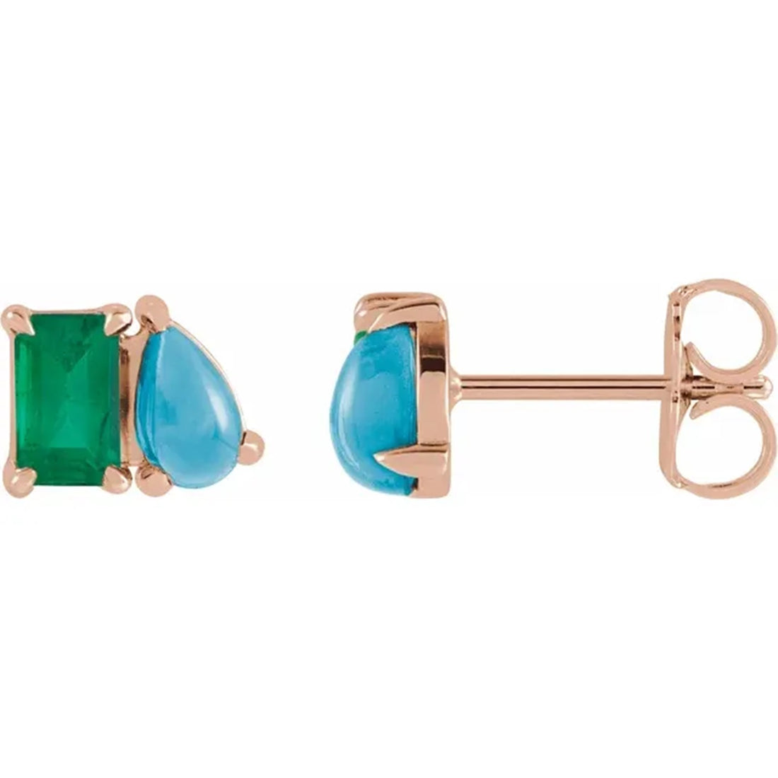 Lab Grown Emerald & Natural Turquoise 2 Stone Stud Earrings