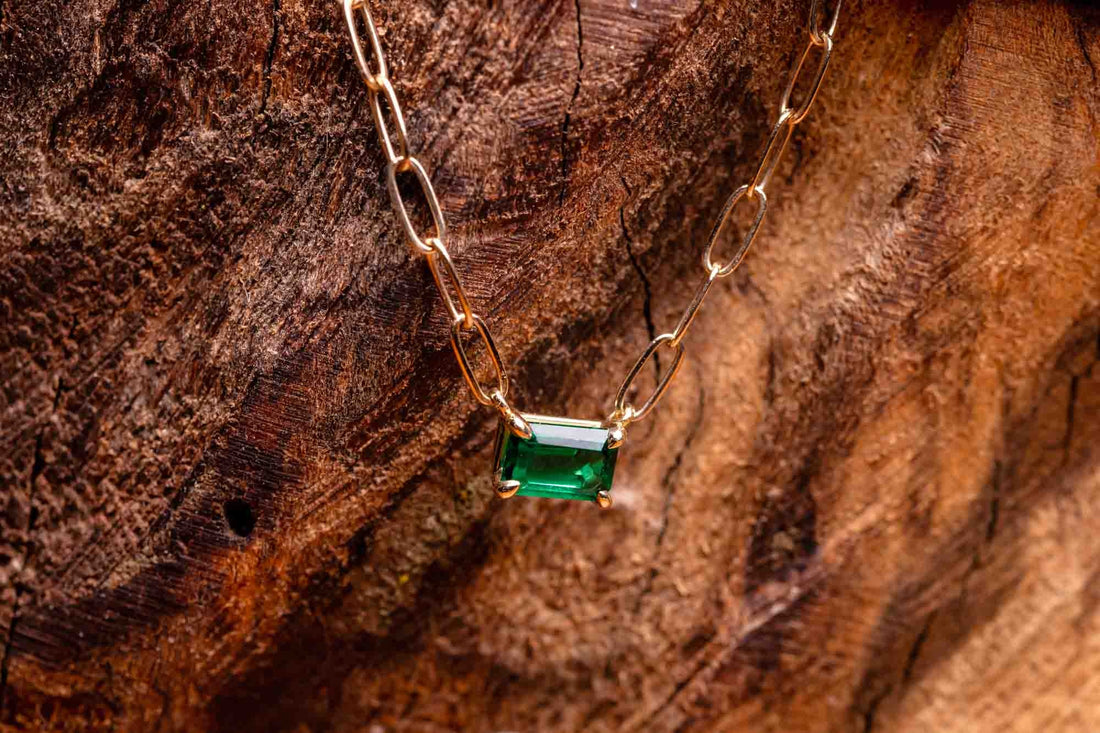 14k Gold Emerald Necklace Set East West with Paper Clip Chain
