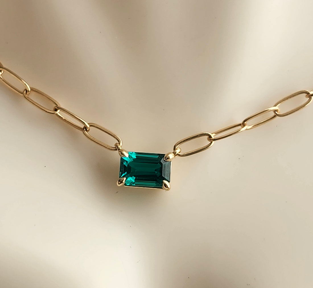 14k Gold Emerald Necklace Set East West with Paper Clip Chain