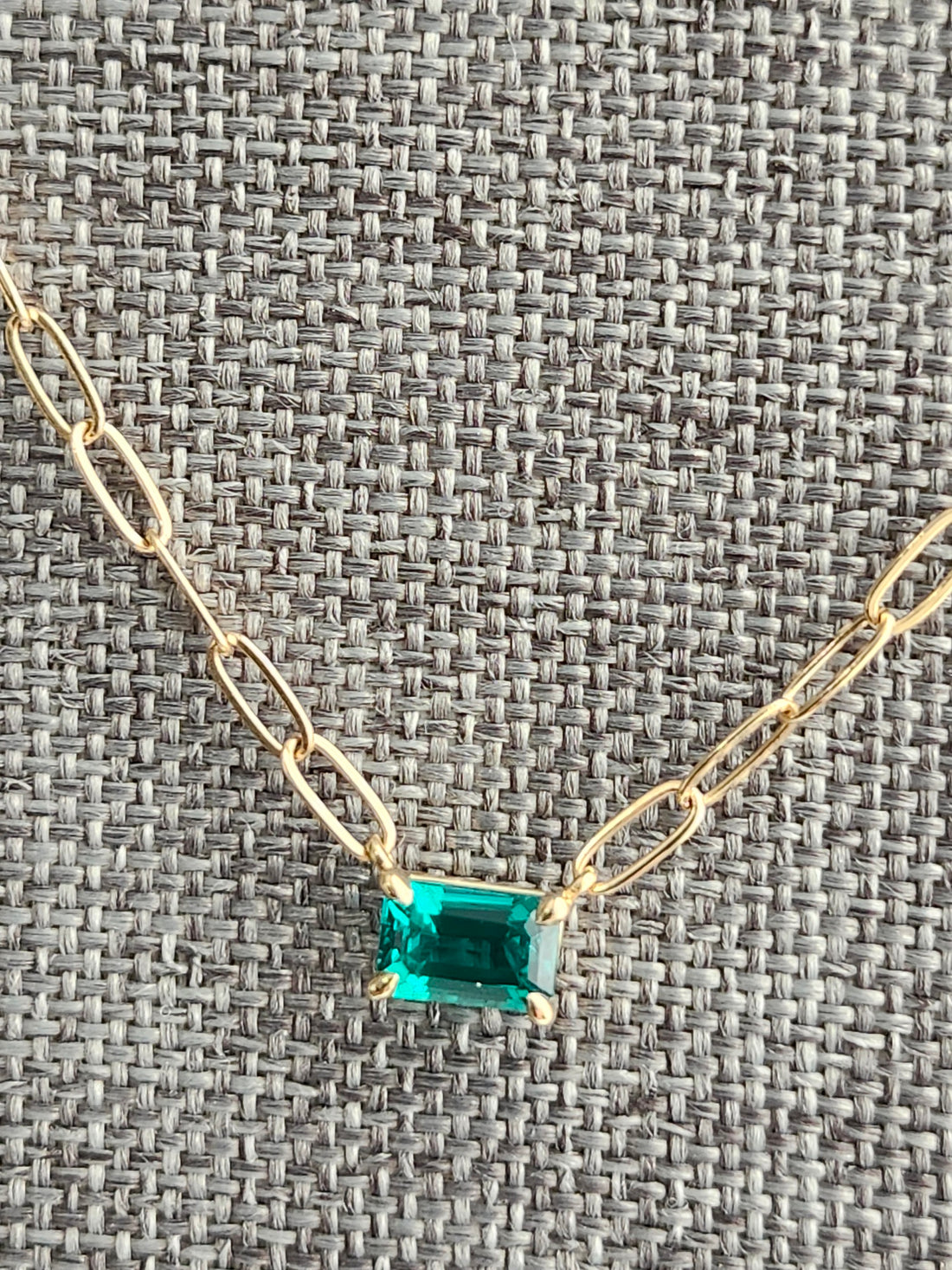 14k Gold Emerald Necklace Set East West with Paper Clip Chain