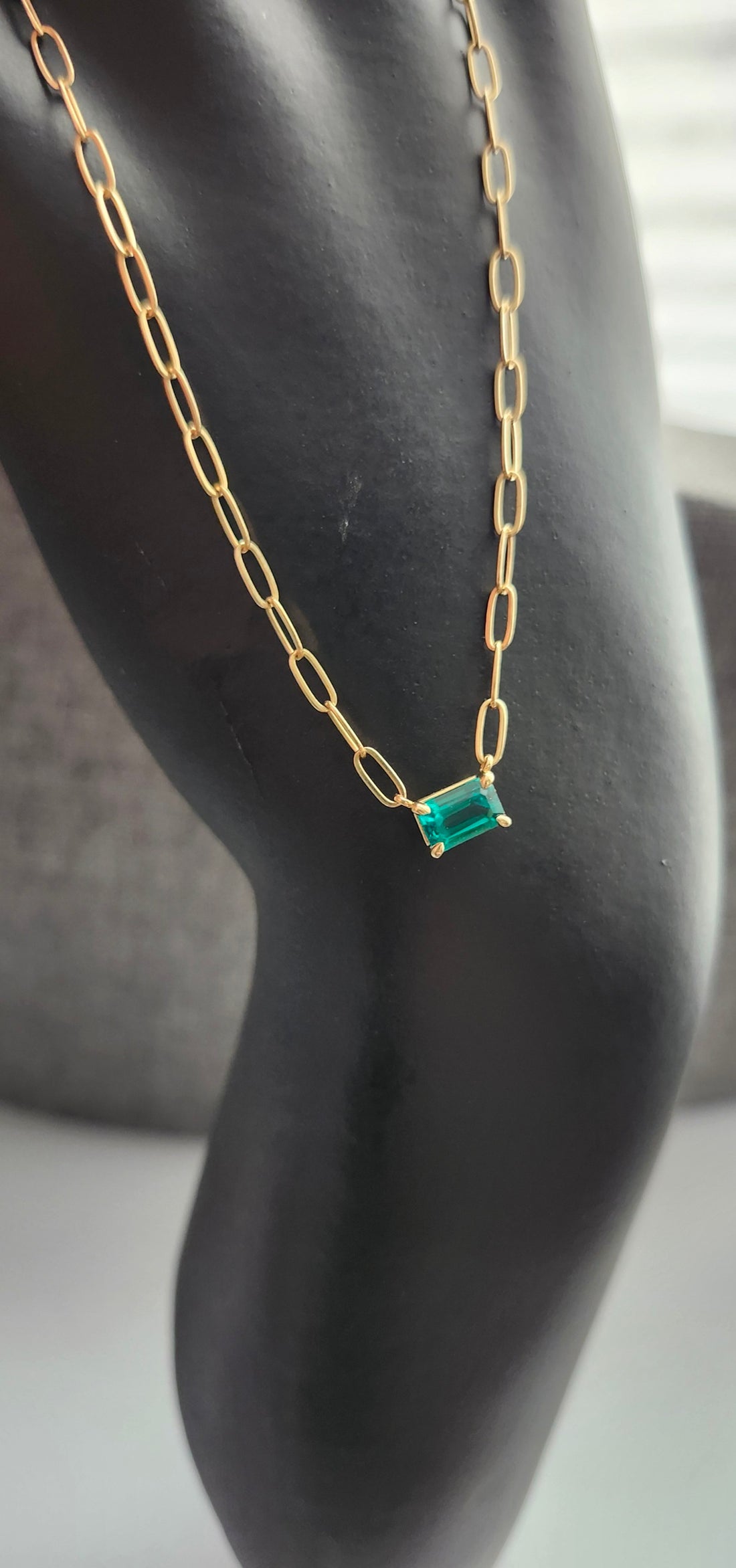 14k Gold Emerald Necklace Set East West with Paper Clip Chain