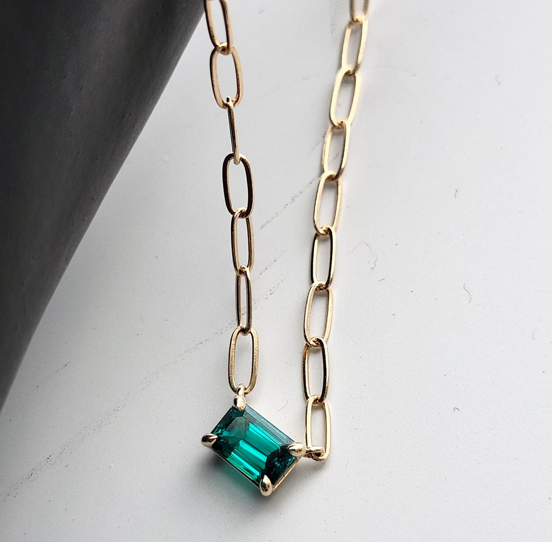 14k Gold Emerald Necklace Set East West with Paper Clip Chain
