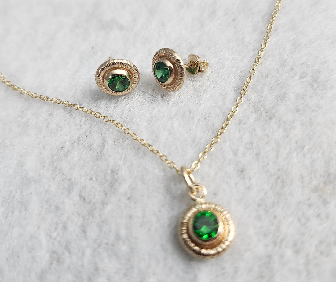 14k Yellow Gold Filled Emerald Earrings, Round Emerald Studs