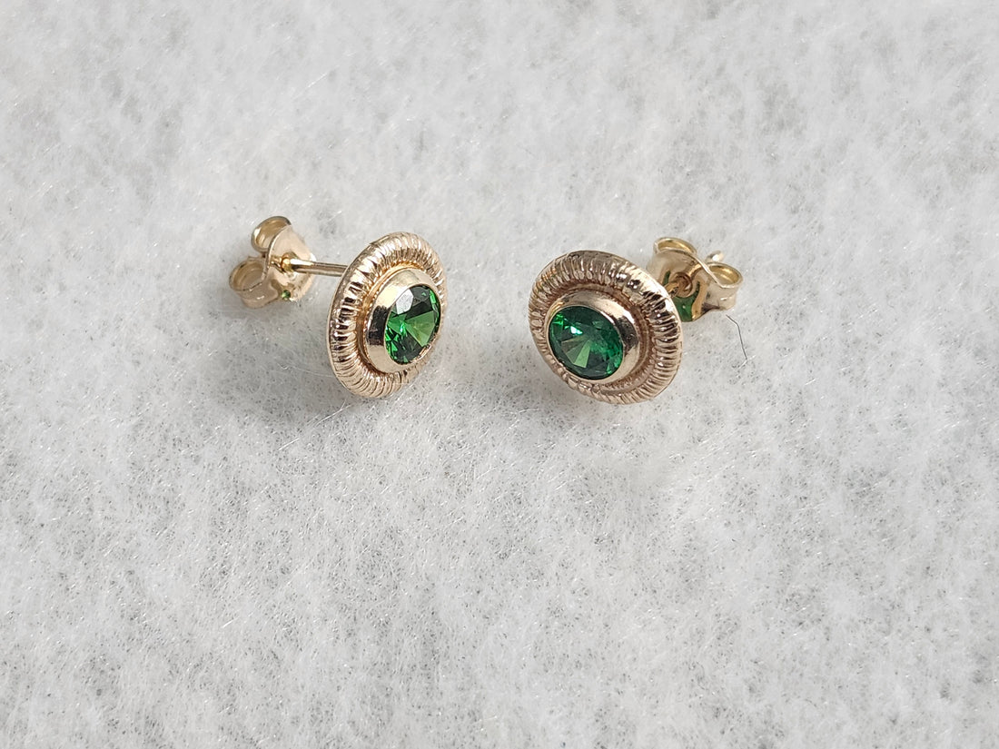 14k Yellow Gold Filled Emerald Earrings, Round Emerald Studs