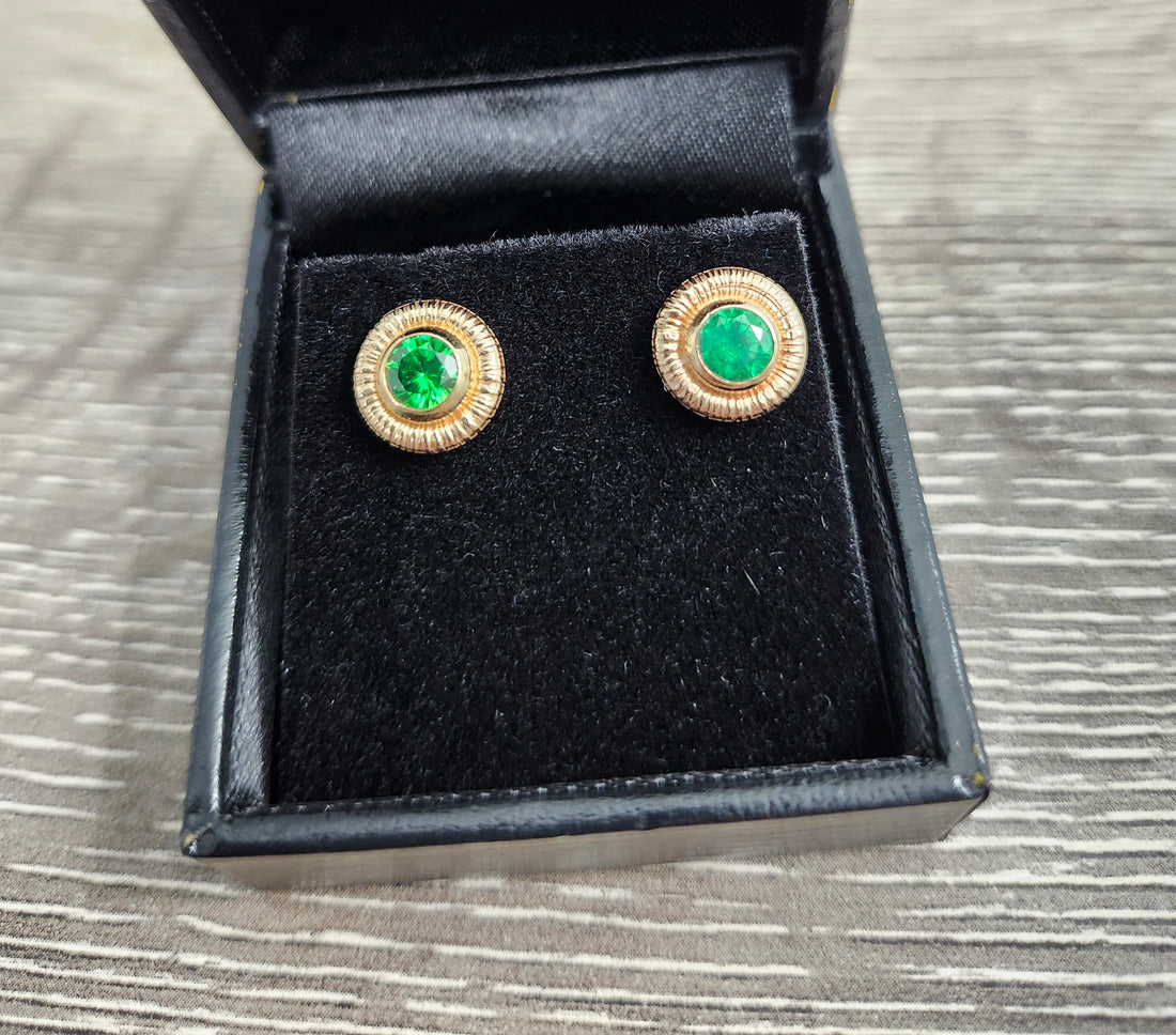 14k Yellow Gold Filled Emerald Earrings, Round Emerald Studs