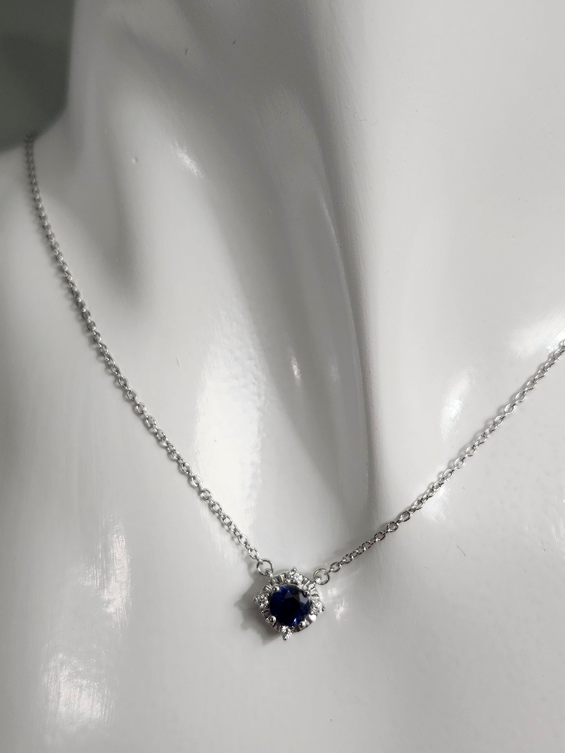 Blue Sapphire and diamond silver necklace, September birthstone necklace