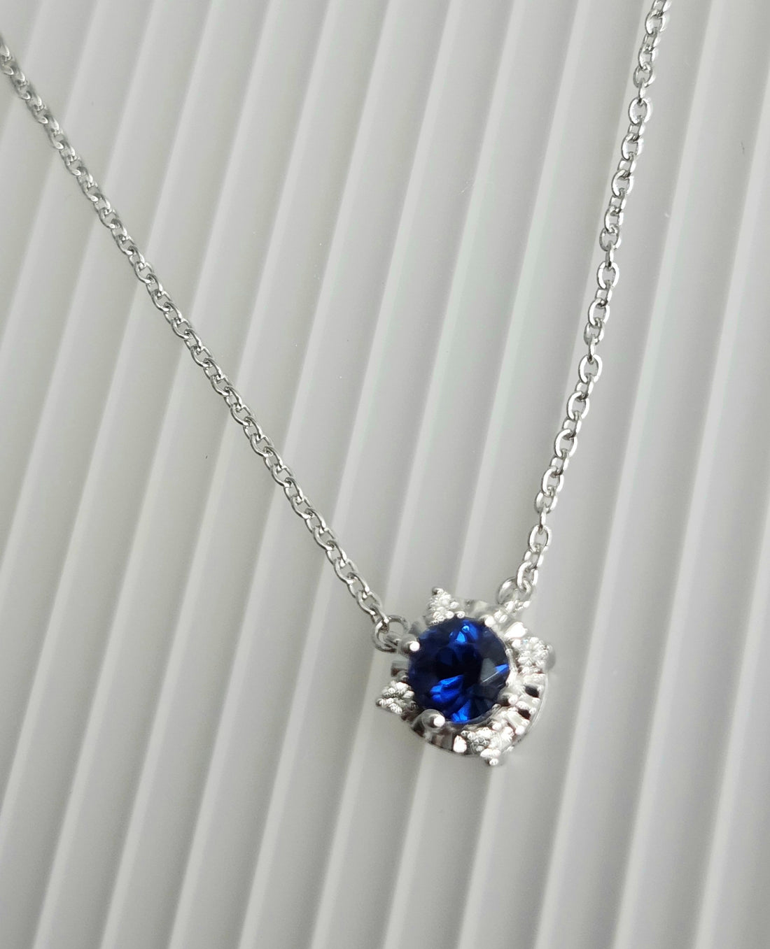 Blue Sapphire and diamond silver necklace, September birthstone necklace