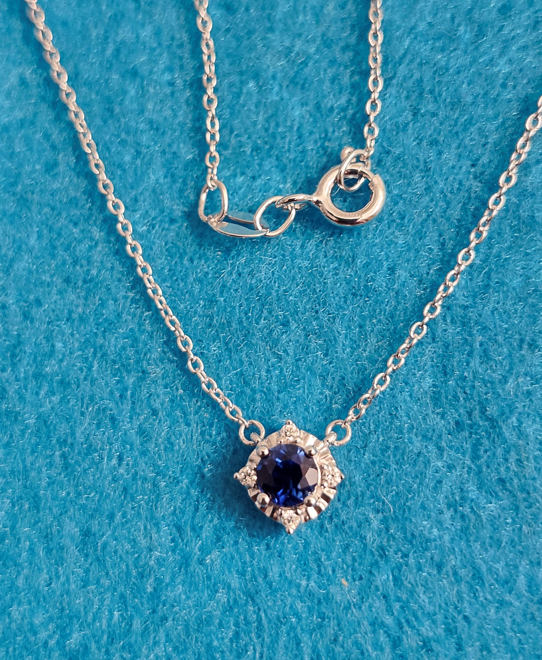 Blue Sapphire and diamond silver necklace, September birthstone necklace