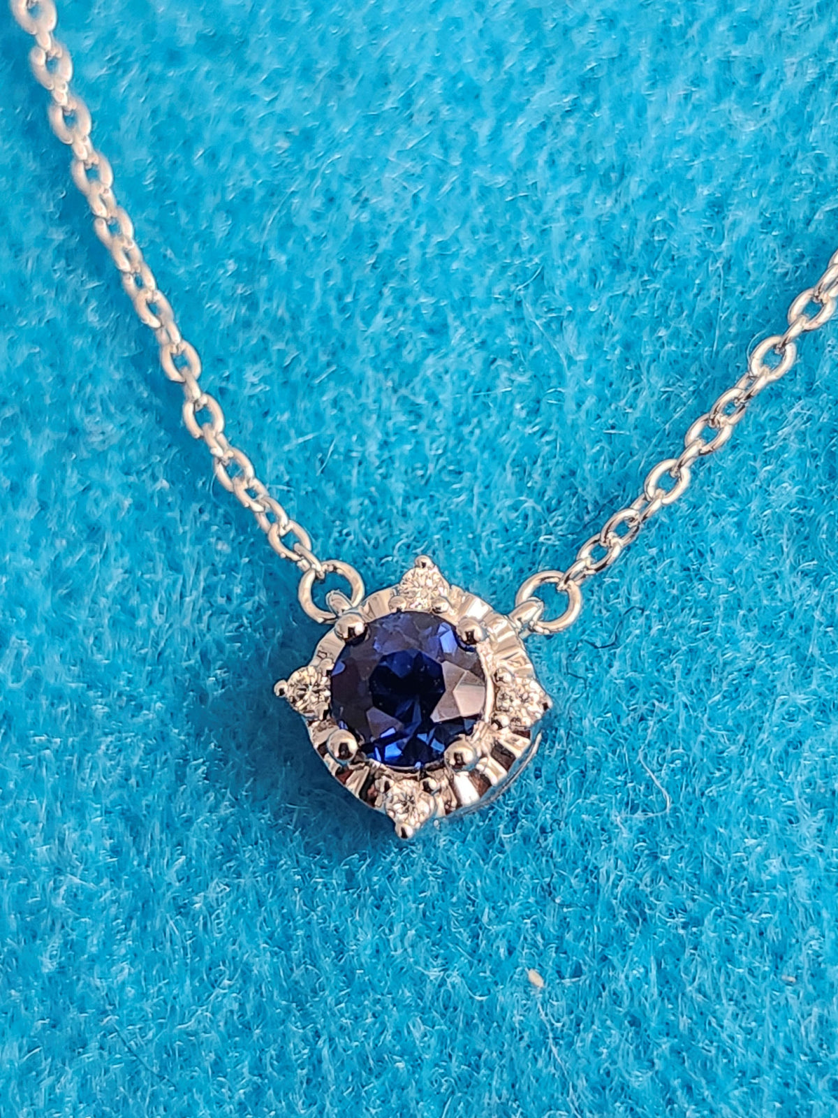 Blue Sapphire and diamond silver necklace, September birthstone necklace