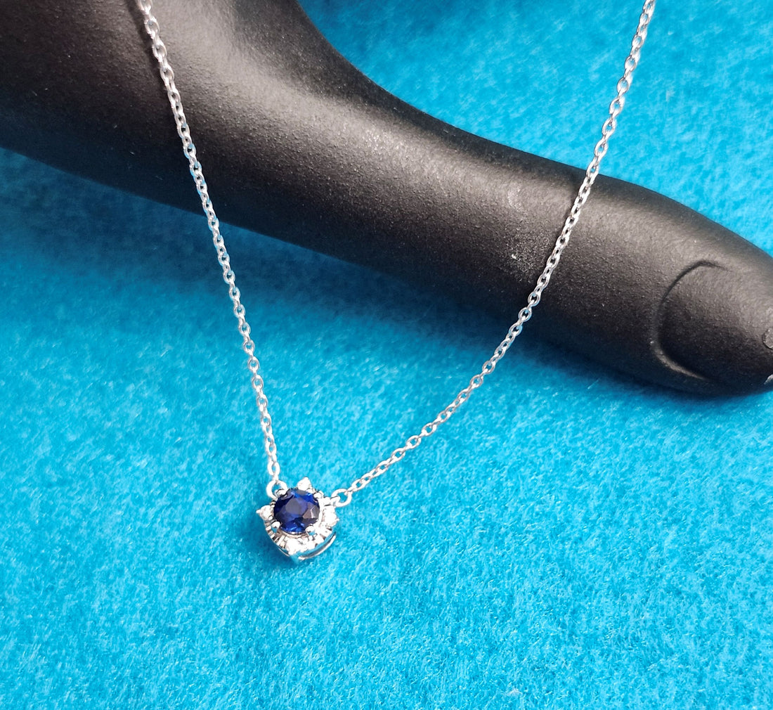 Blue Sapphire and diamond silver necklace, September birthstone necklace