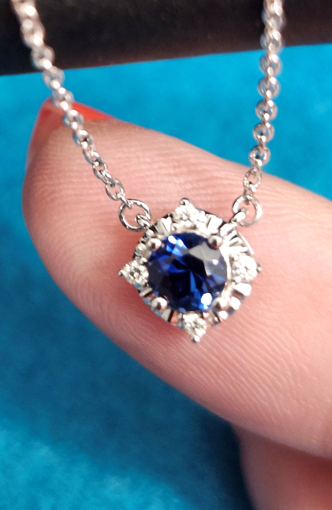 Blue Sapphire and diamond silver necklace, September birthstone necklace