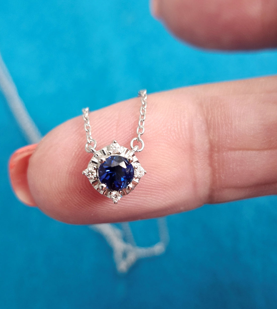 Blue Sapphire and diamond silver necklace, September birthstone necklace