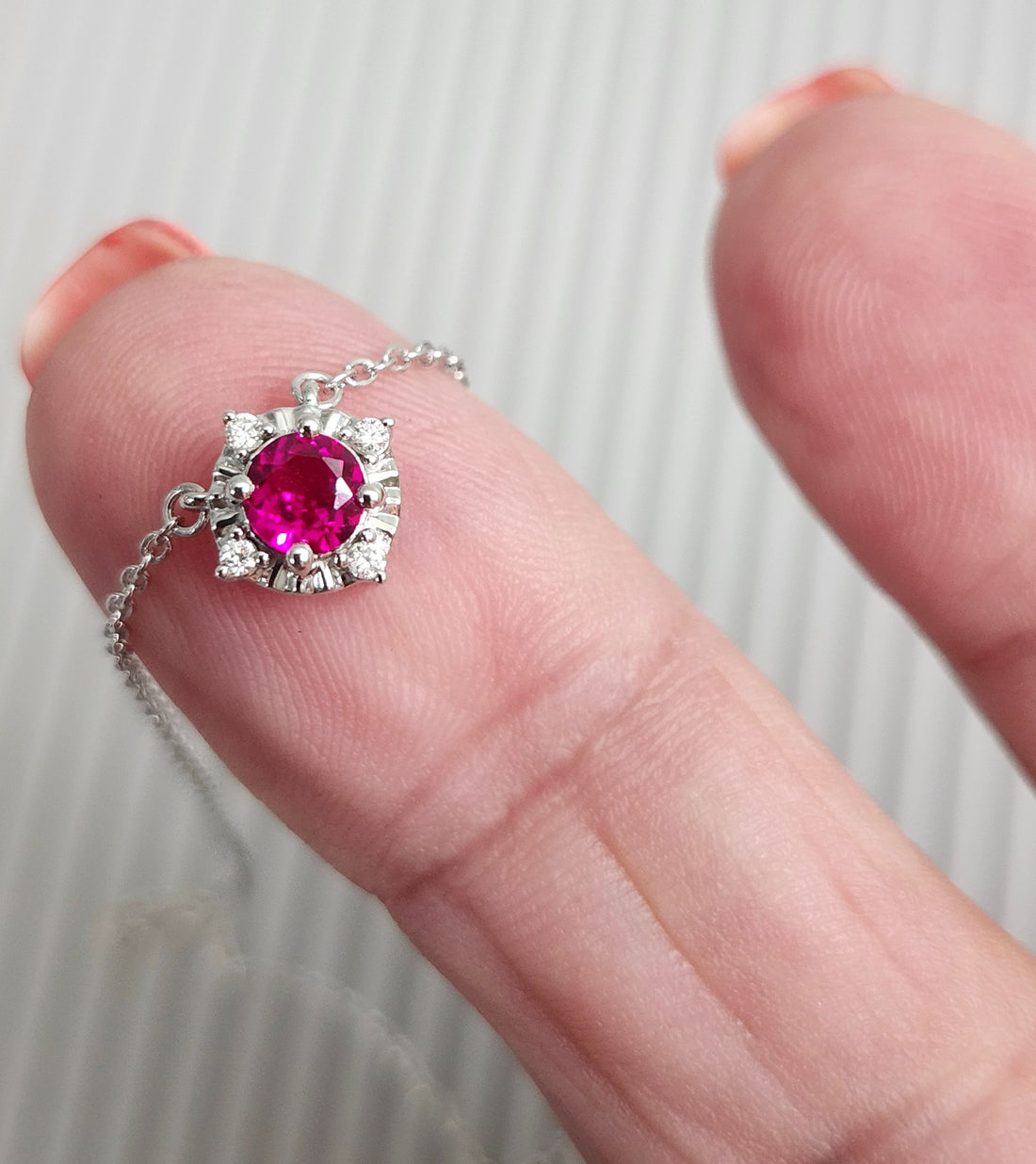 Ruby and diamond silver birthstone necklace, July birthstone necklace