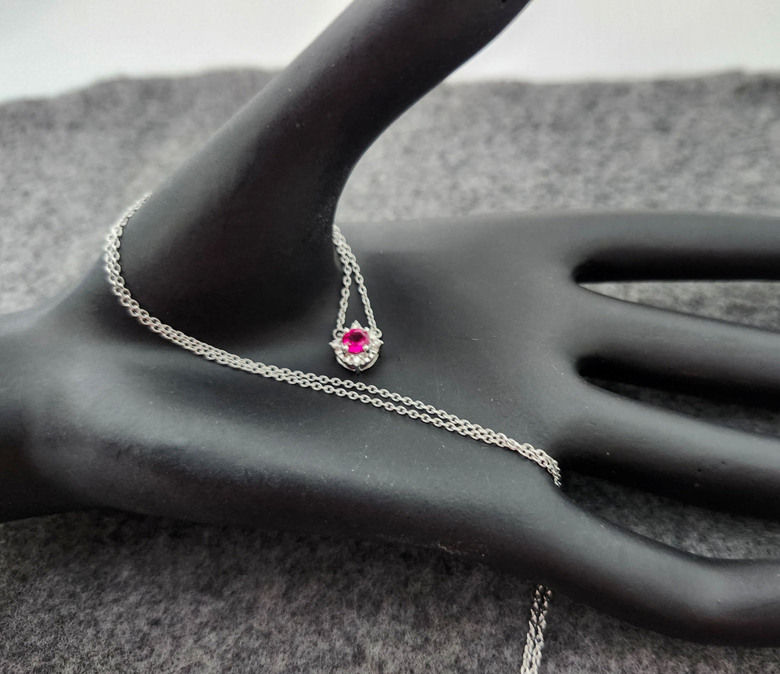 Ruby and diamond silver birthstone necklace, July birthstone necklace