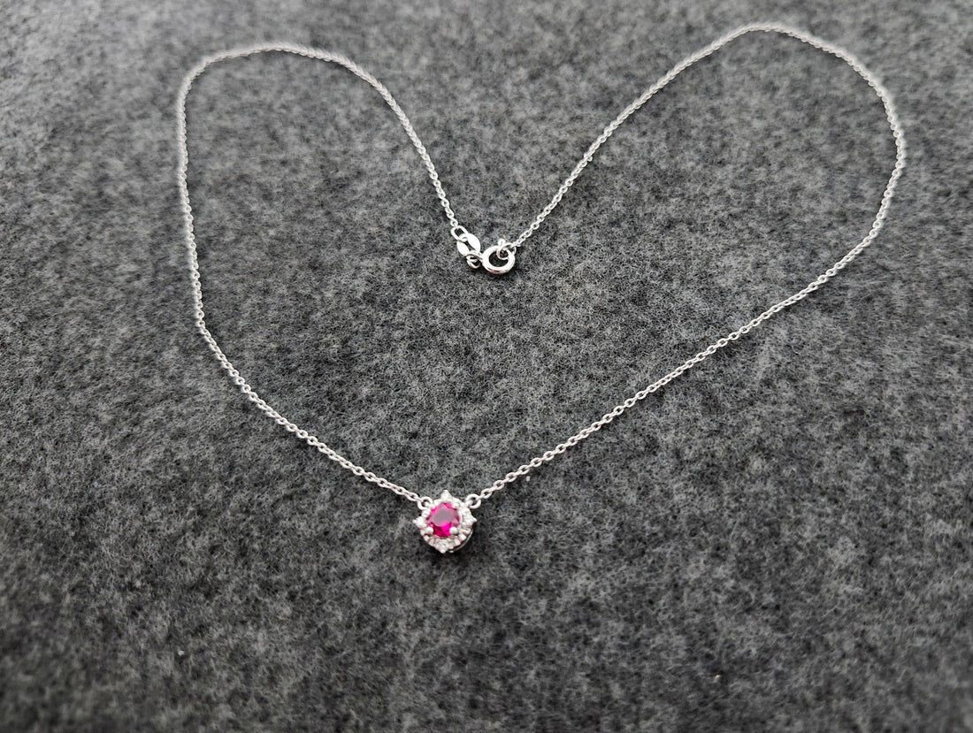 Ruby and diamond silver birthstone necklace, July birthstone necklace