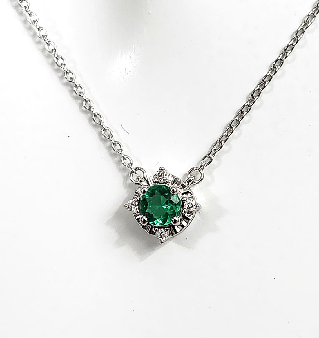 Emerald and diamond silver birthstone necklace, May birthstone