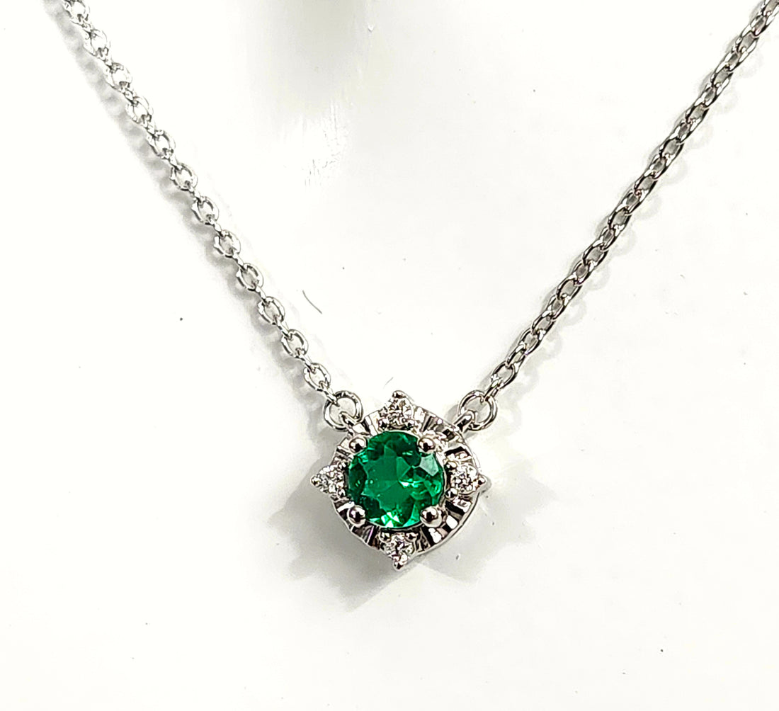 Emerald and diamond silver birthstone necklace, May birthstone
