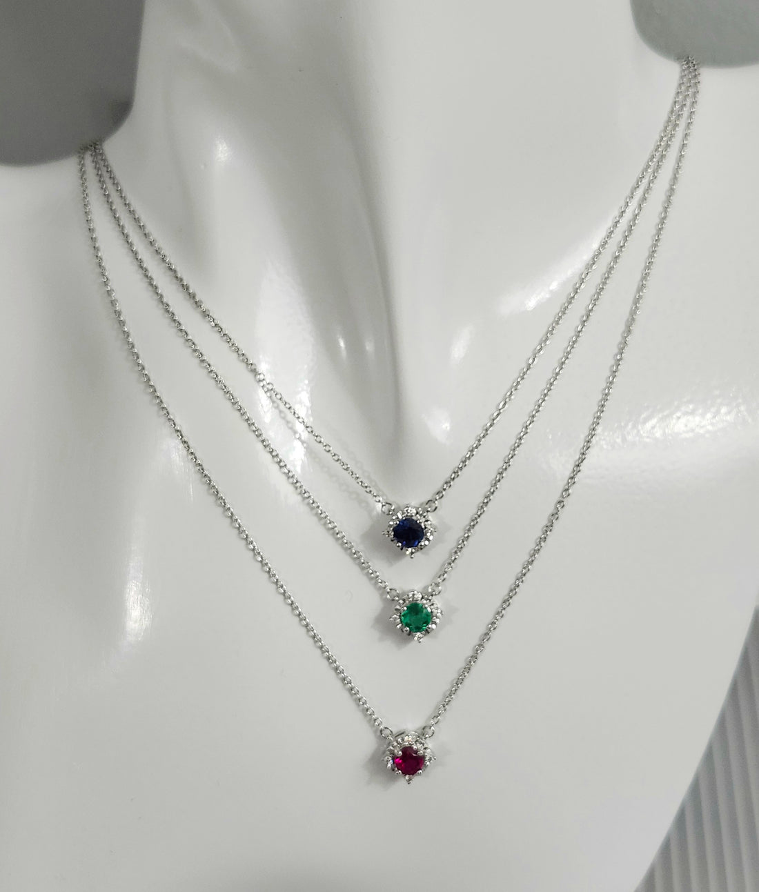 Emerald and diamond silver birthstone necklace, May birthstone